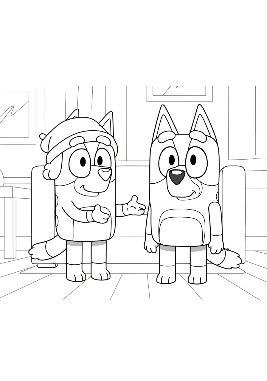 Desenho de Bluey e Bingo para colorir em casa com sofá ao fundo