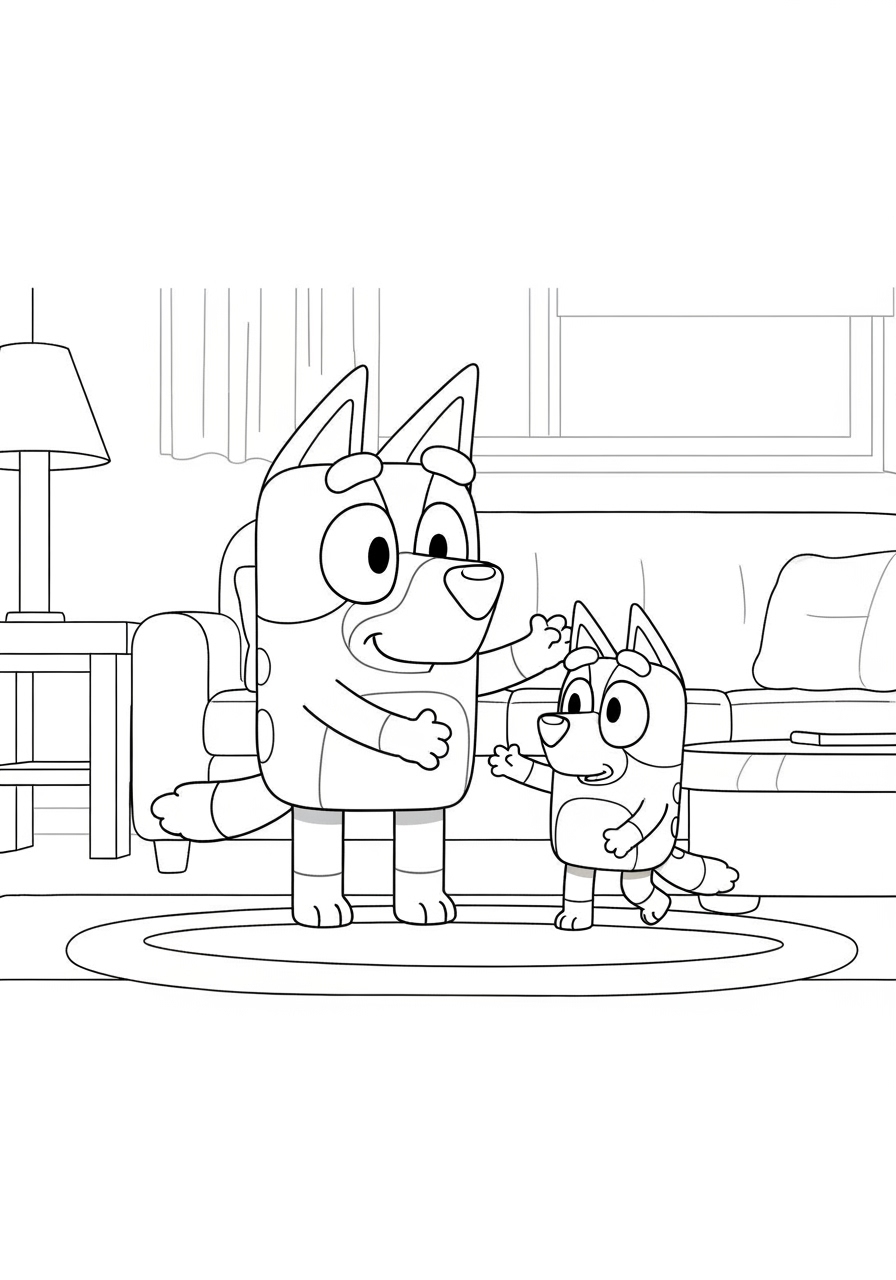 Desenho de Bluey e sua irmã Bingo para colorir em casa. Diversão!