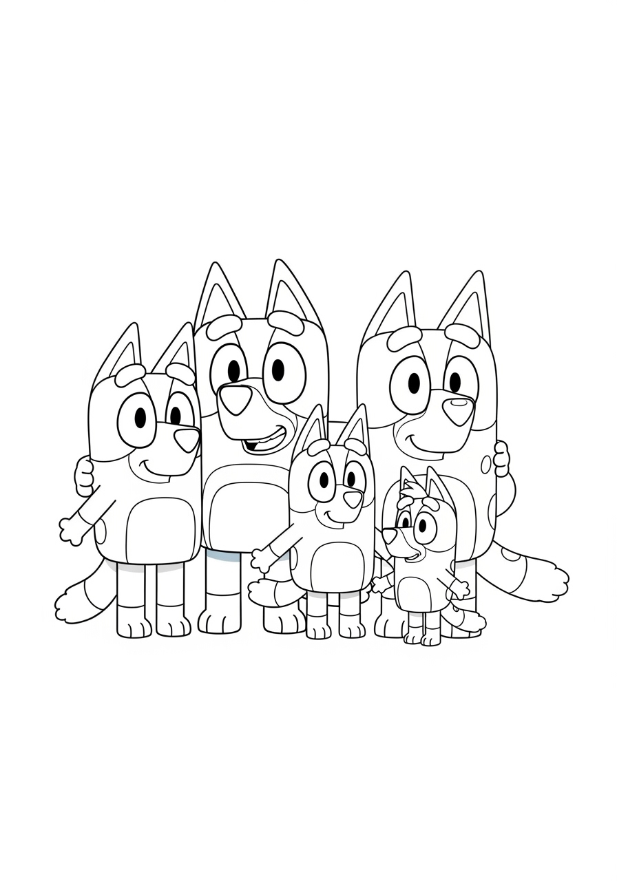 Desenho do Bluey e sua família para colorir; Bluey com seus pais e irmã
