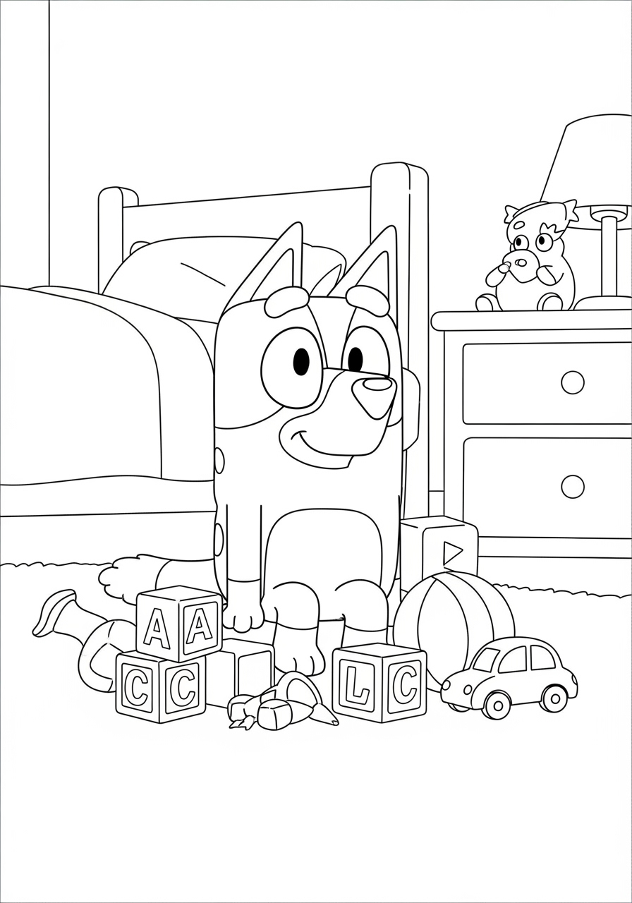 Bluey para colorir no quarto com brinquedos e cama desenho infantil