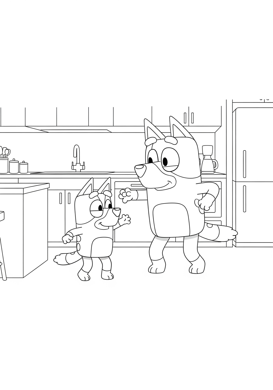 Desenho do Bluey e Bingo na cozinha para colorir e imprimir.