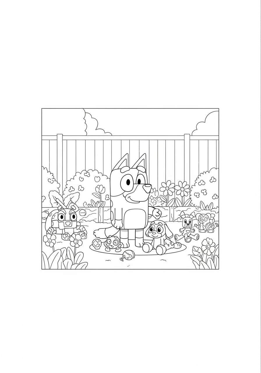 Bluey e brinquedos no jardim desenho para colorir e aprender cores