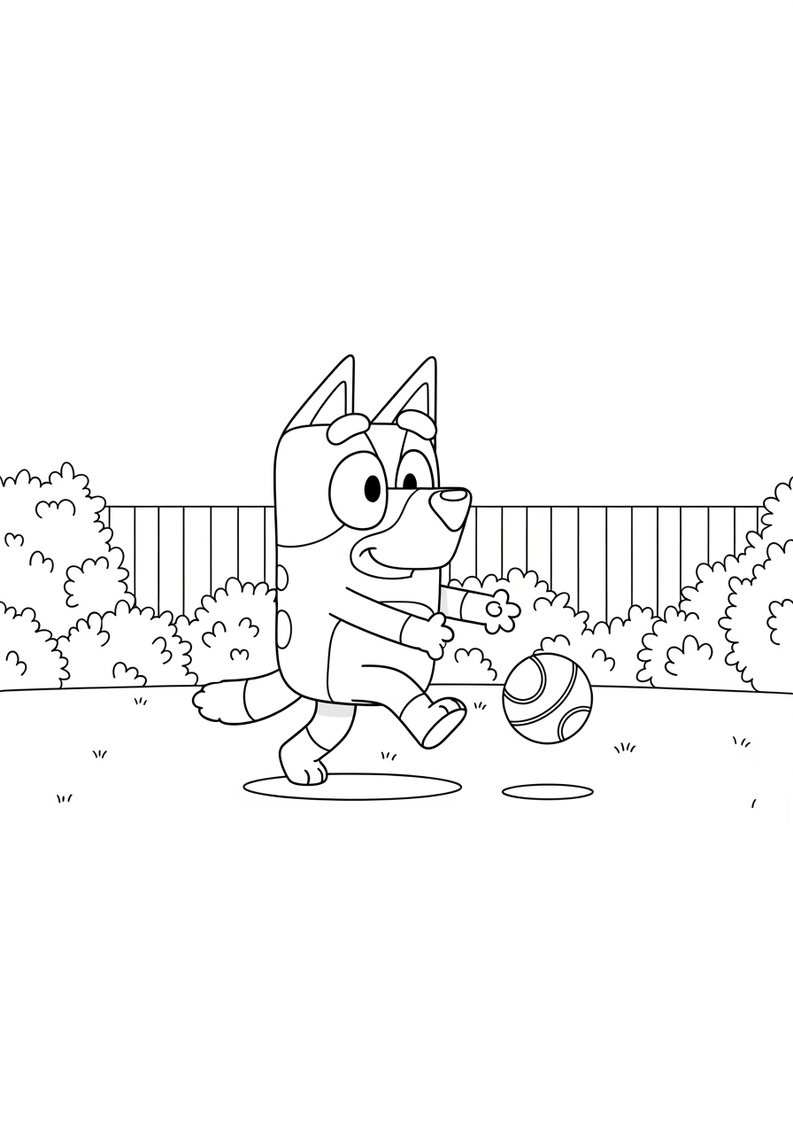Bluey para colorir jogando bola no jardim diversão para crianças