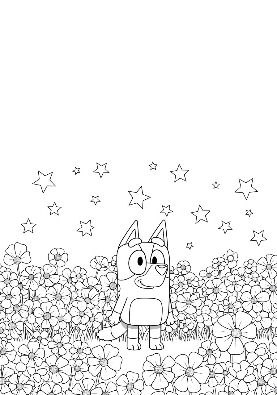 Bluey para colorir em campo florido com estrelas no céu; diversão!