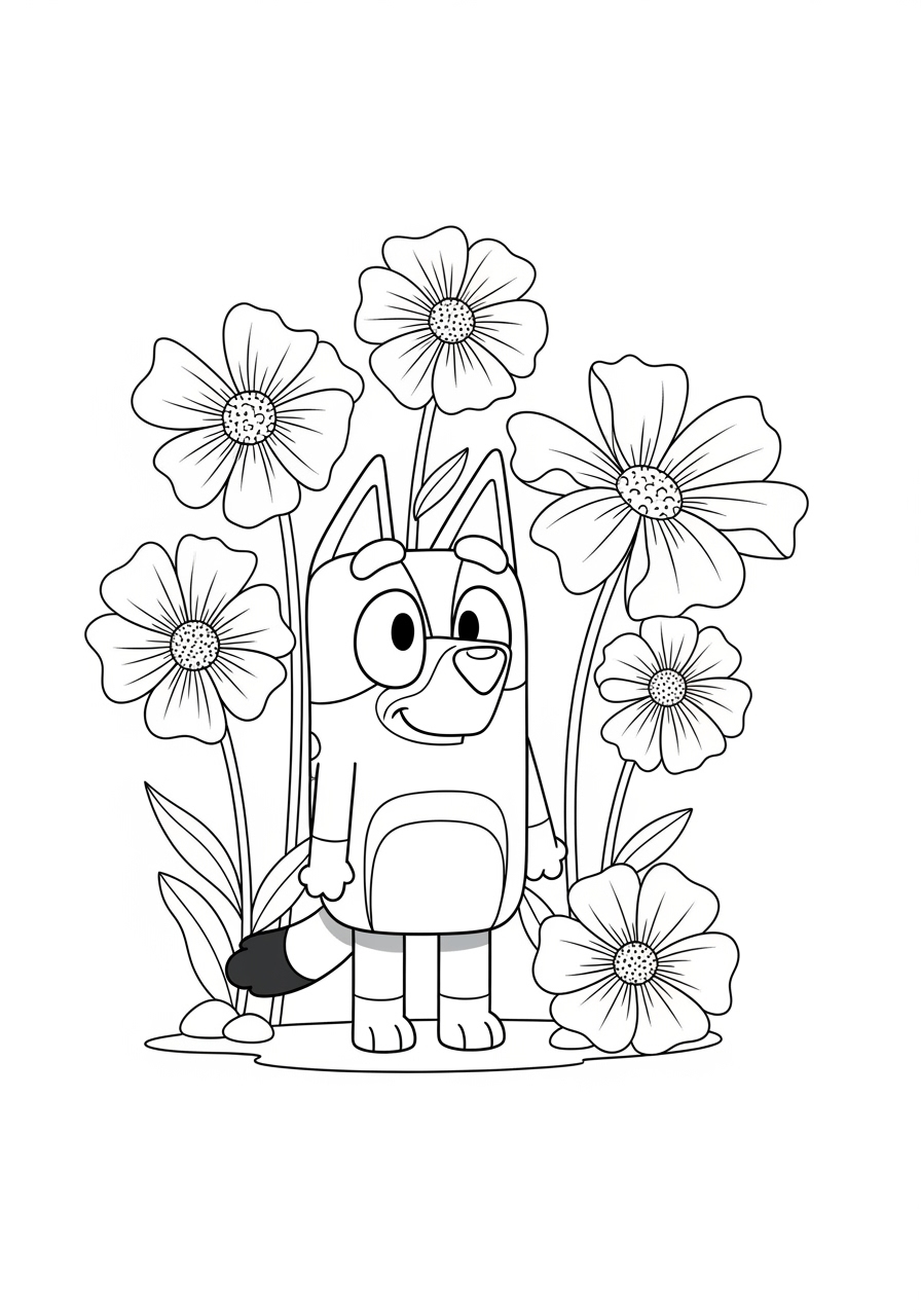 Bluey para colorir em meio a flores desenho simples e divertido