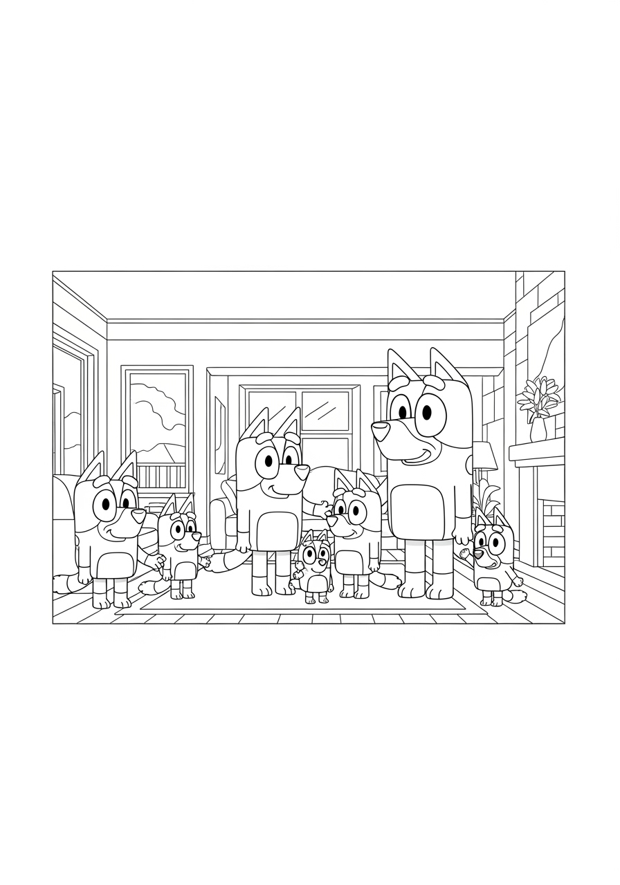 Desenho de Bluey e família para colorir em sala com lareira e janela.