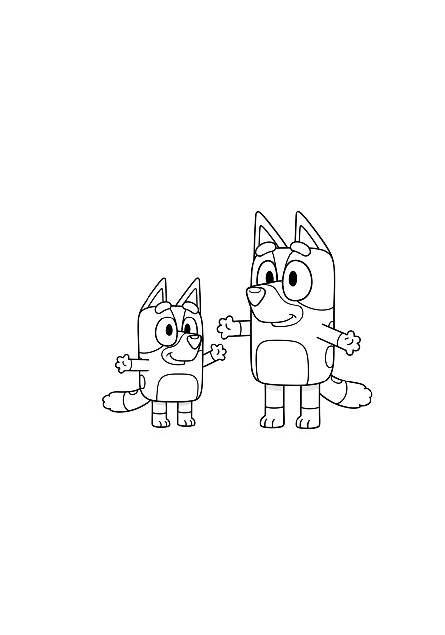 Desenho de Bluey e sua irmã Bingo para colorir em fundo branco simples