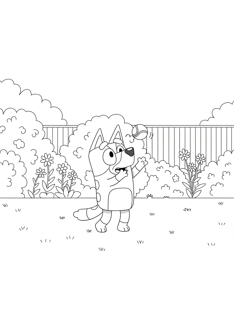 Bluey no jardim com bola para colorir desenho simples e divertido