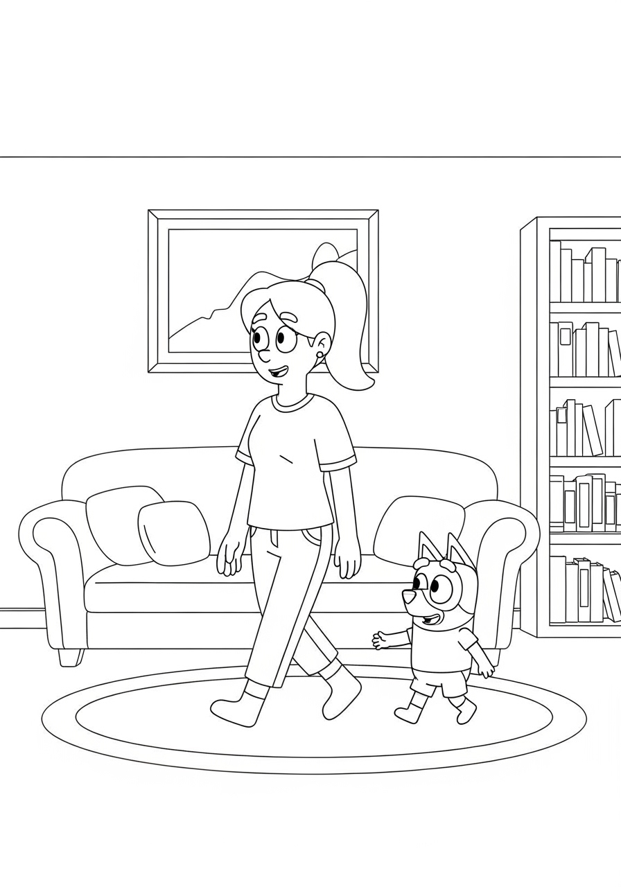 Desenho de Bluey e sua mãe caminhando na sala para colorir.