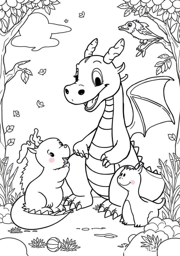 Dragão Brincando com Outros Animais para Colorir