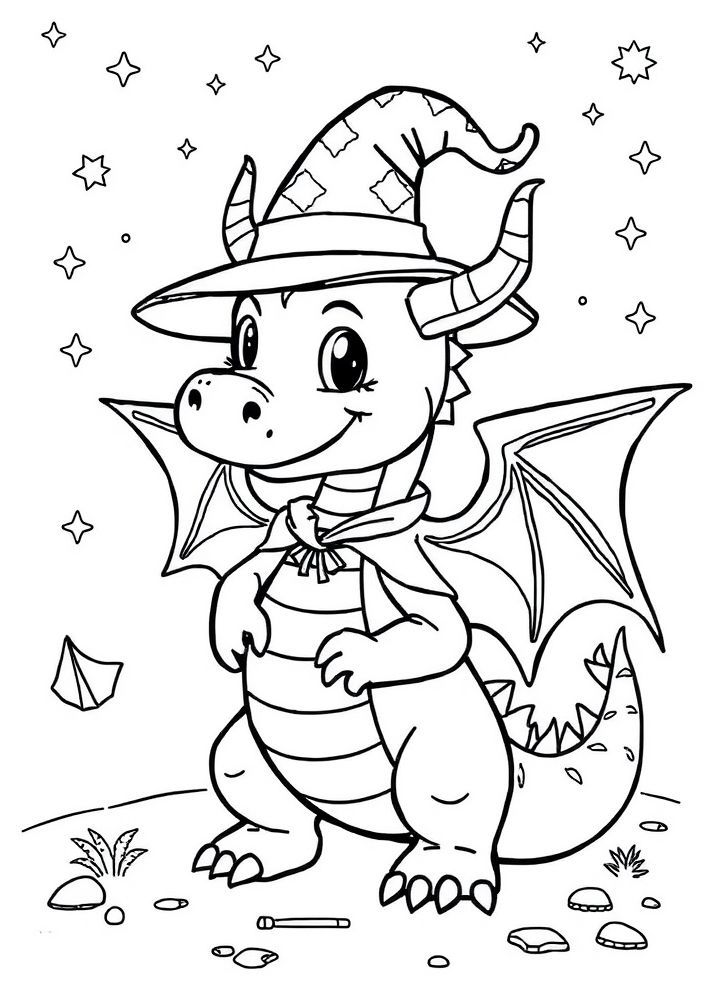 Dragão com Capa e Chapéu Mágico para Colorir
