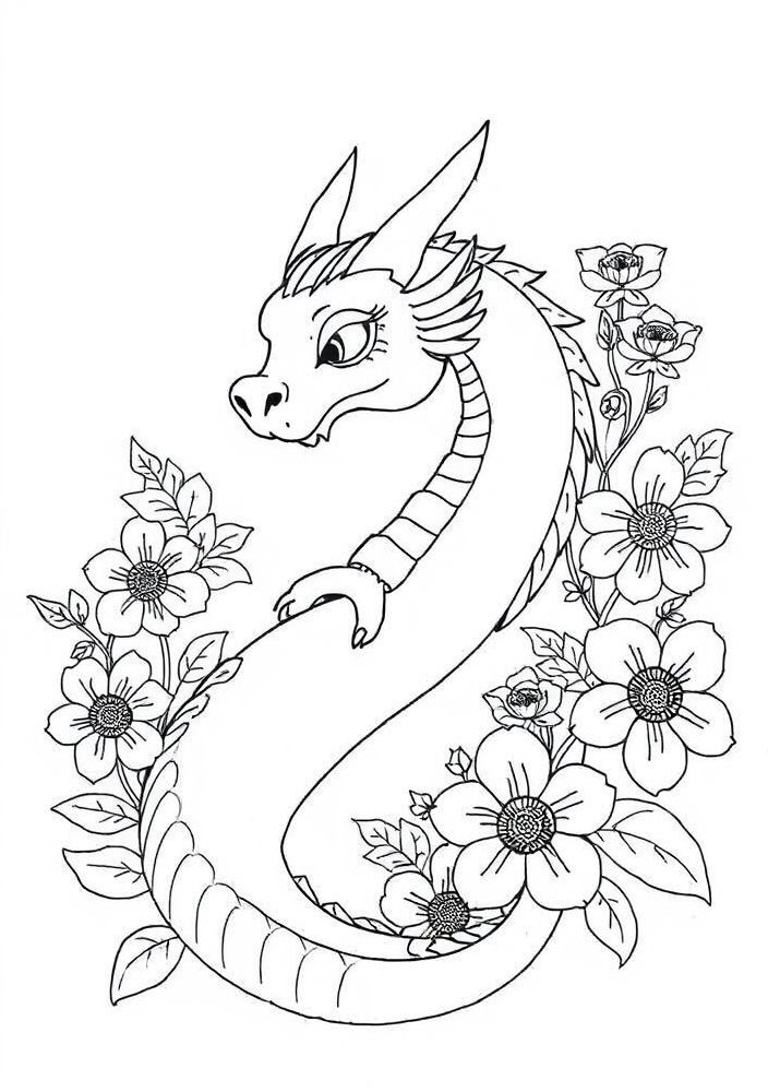 Dragão com Flores para Colorir