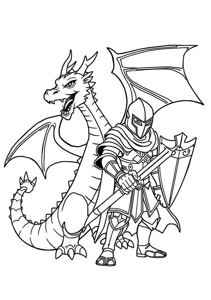 Dragão e Soldado em Aventura para Colorir