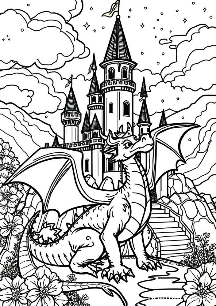 Dragão e um Castelo Encantado para Colorir