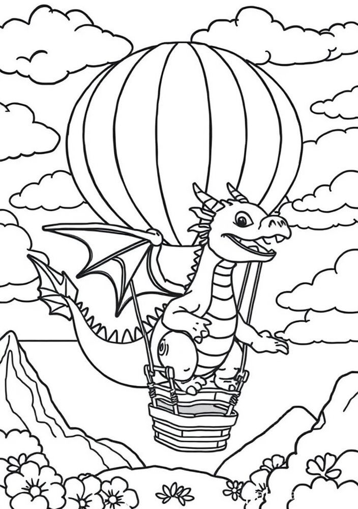 Dragão em um Balão de Ar Quente para Colorir