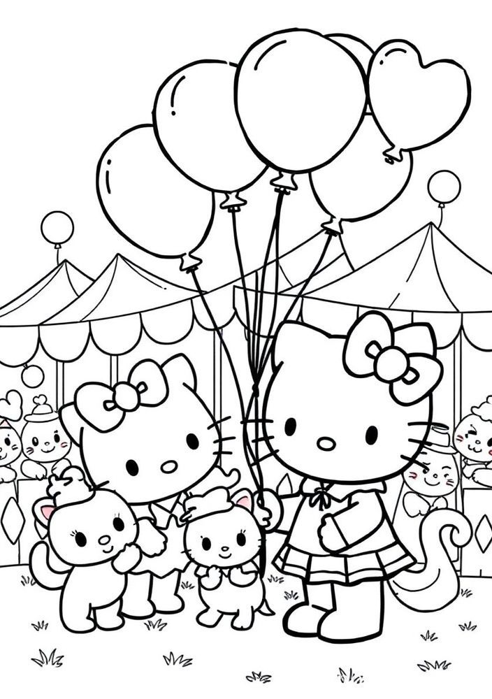 Drawings of Hello Kitty and her friends at a carnival for coloring