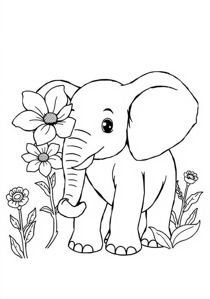 Elefante balançando uma flor para colorir