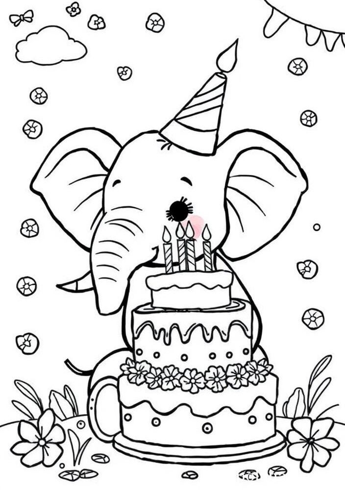 Elefante com bolo de aniversário para colorir