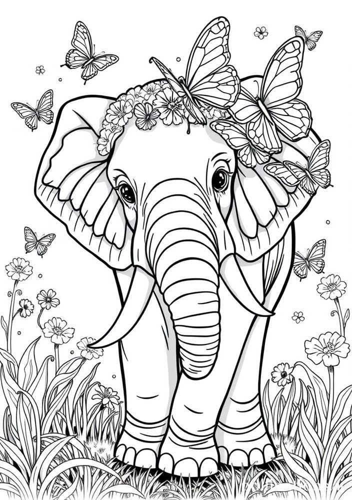Elefante com borboletas para colorir