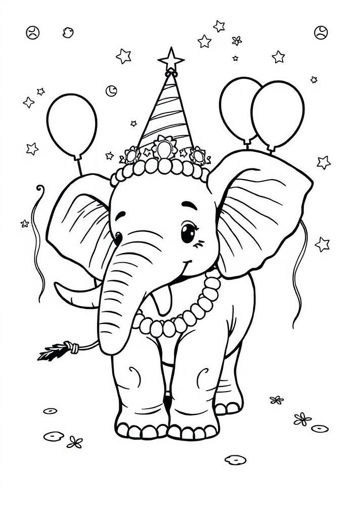 Elefante com chapéu de festa para colorir