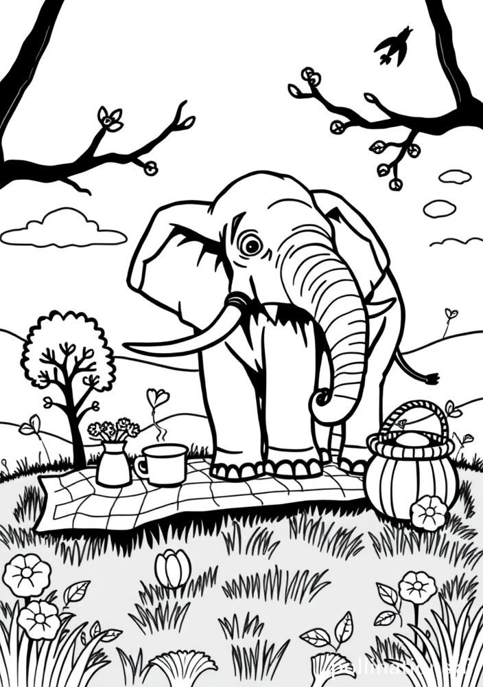 Elefante em uma festa de piquenique para colorir