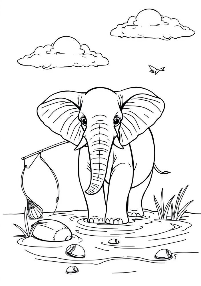 Elefante pescando para colorir