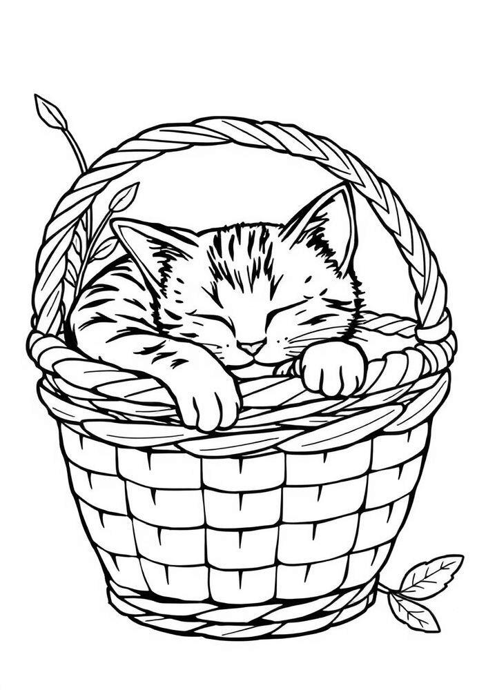 Gato Dormindo em uma Cesta para colorir