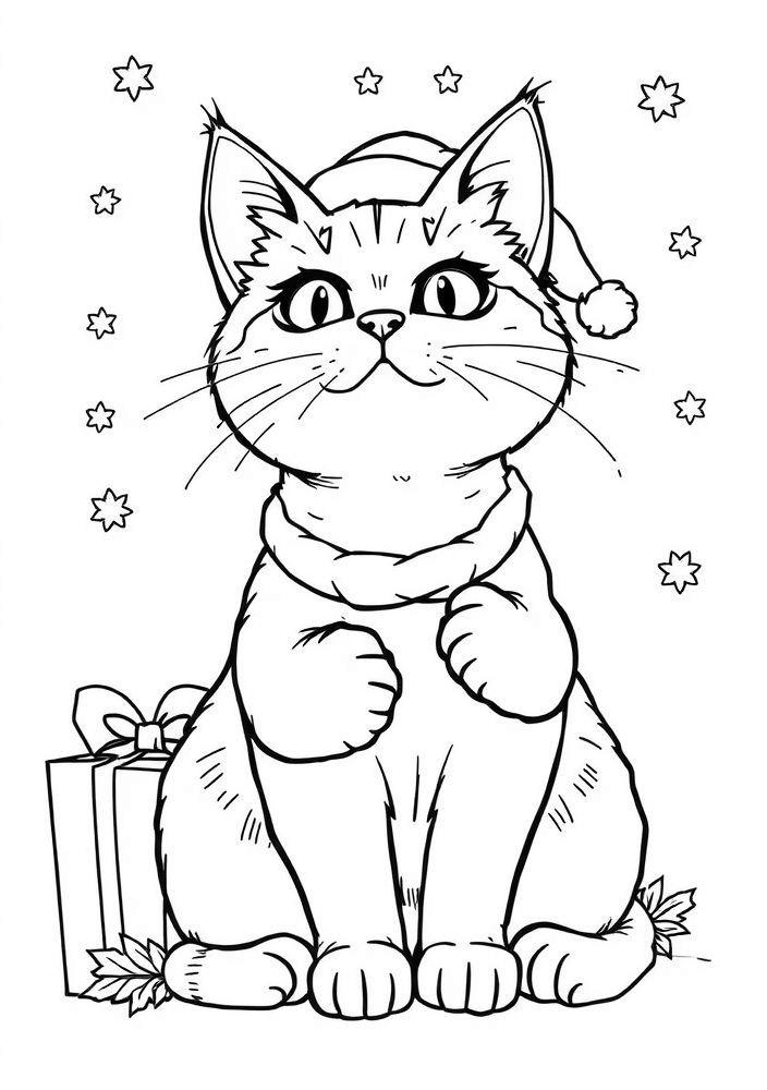 Gato de Natal com Presente para colorir