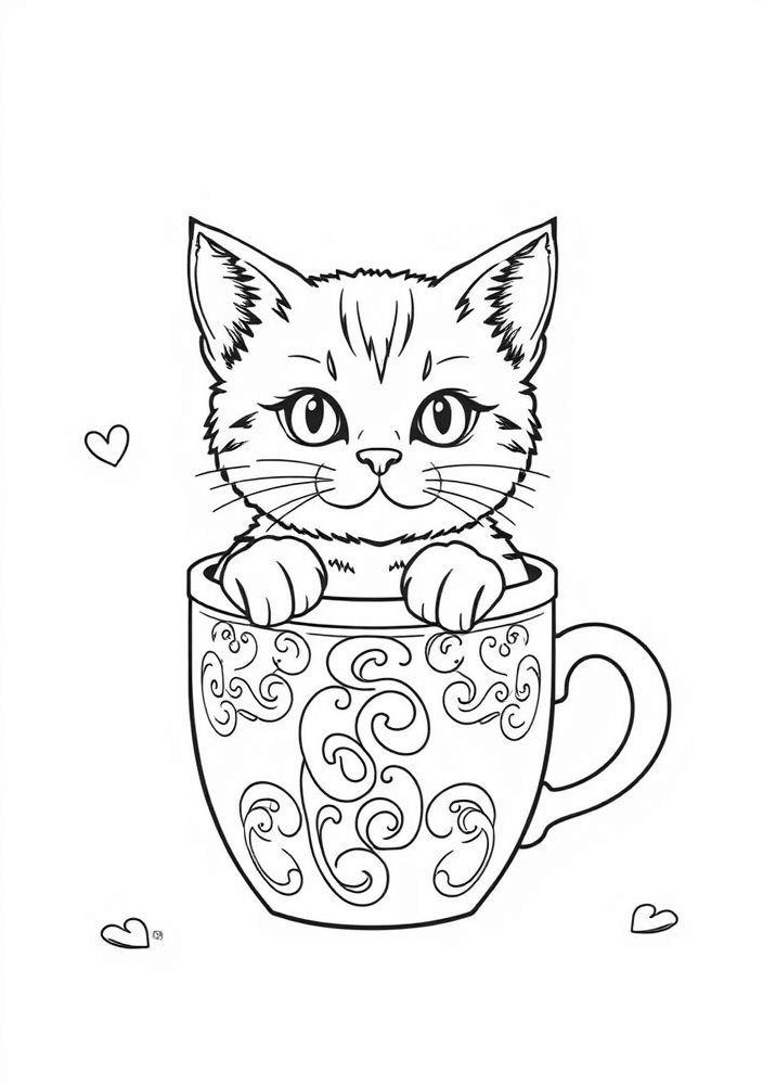 Gato na Caneca de Café para colorir