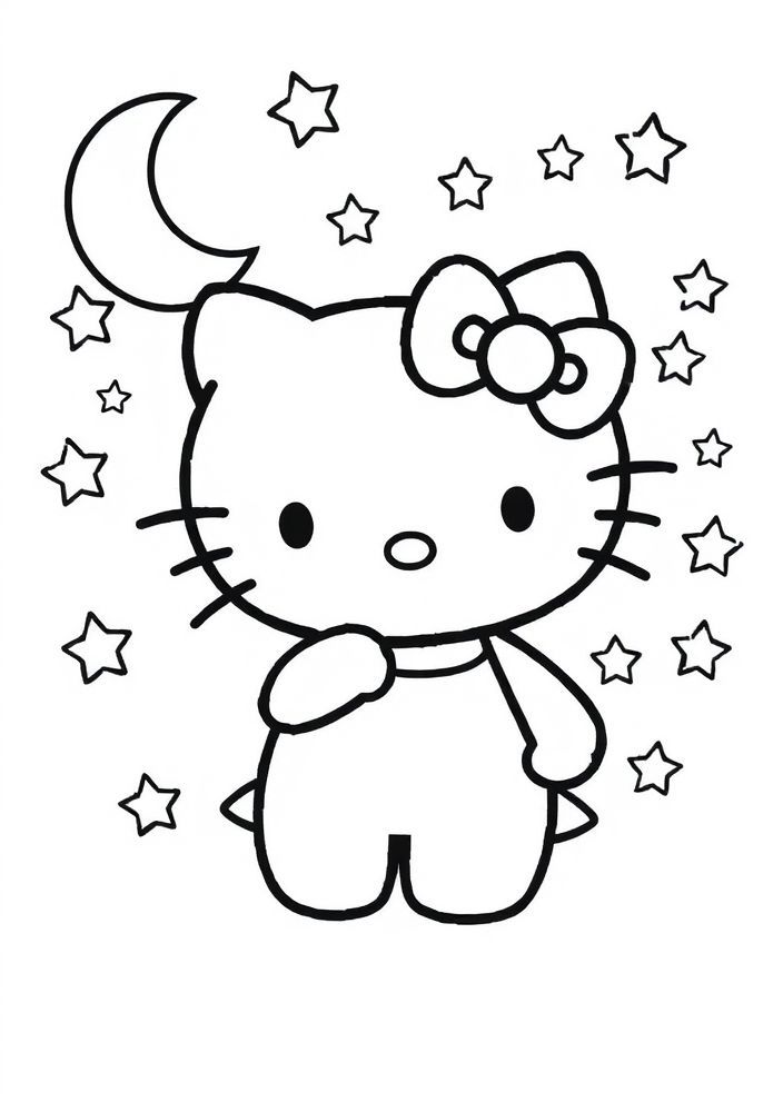 Hello Kitty com estrelas e a lua para colorir