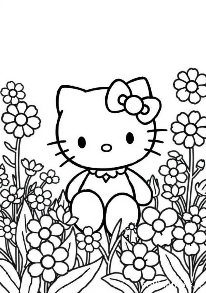 Hello Kitty com flores em um jardim para colorir