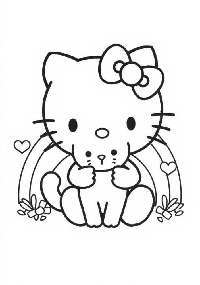 Hello Kitty com um gato branco e um arco-íris para colorir