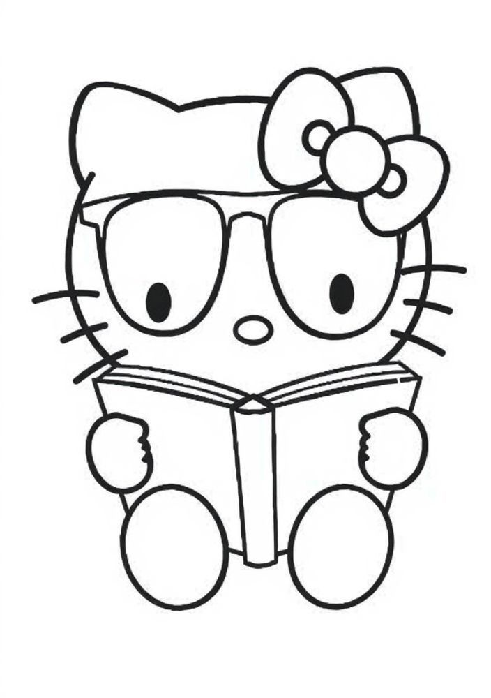 Hello Kitty com um livro e óculos para colorir