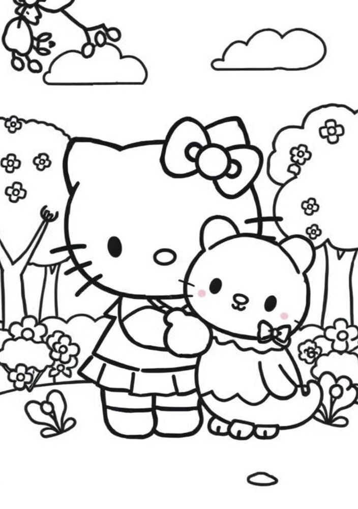 Hello Kitty e seu amigo Pompompurin em um cenário de parque para colorir