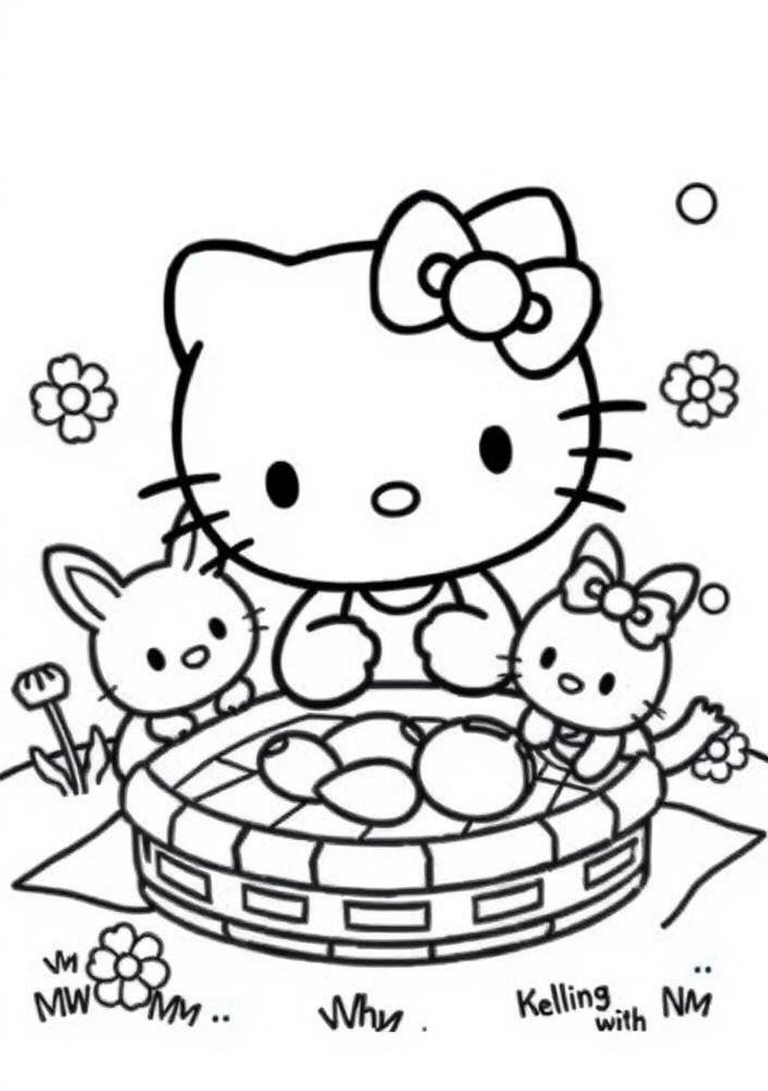 Hello Kitty e seus amigos em um picnic para colorir