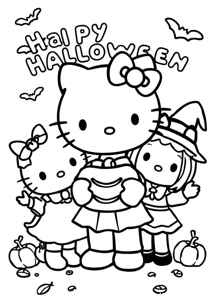 Hello Kitty e seus amigos no Halloween para colorir