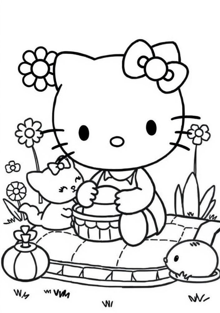 Hello Kitty em um dia de piquenique para colorir