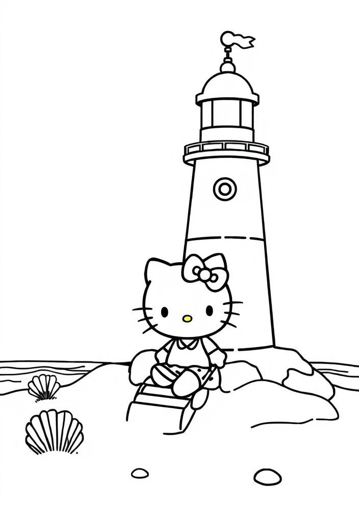 Hello Kitty em um farol na praia para colorir