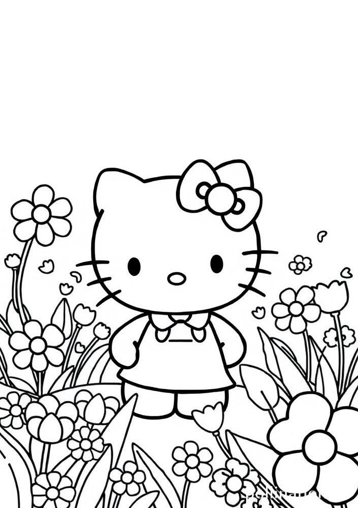Hello Kitty em um lindo jardim de primavera para colorir