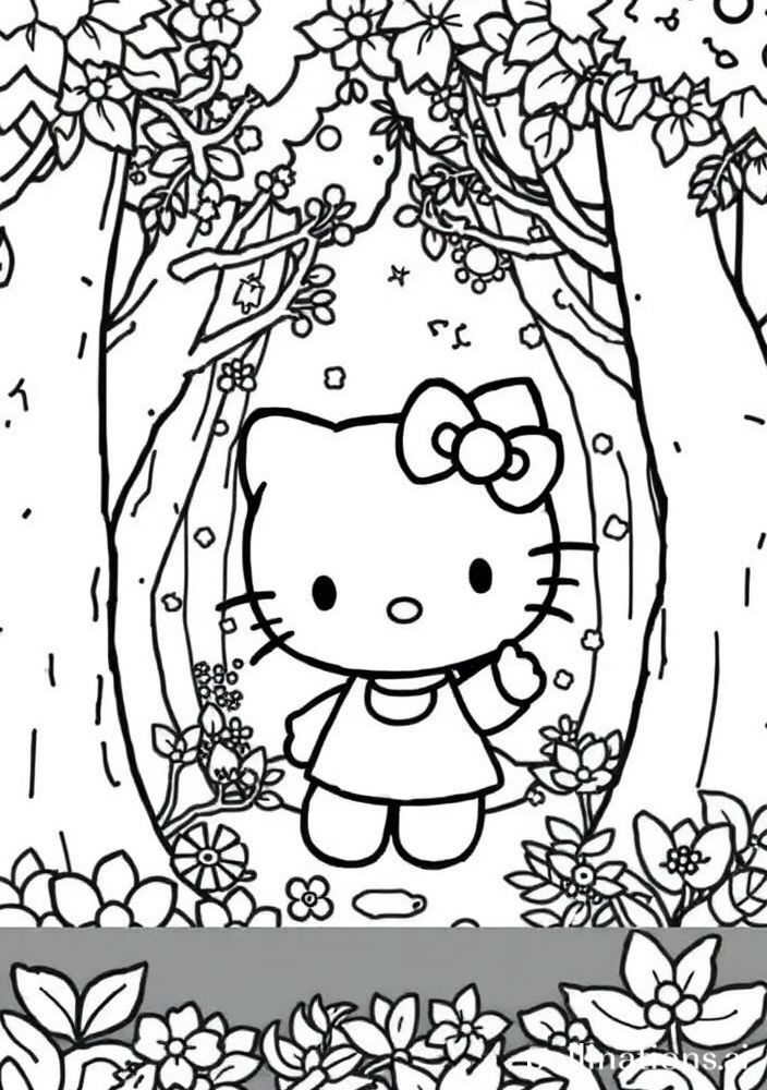 Hello Kitty em uma floresta mágica para colorir