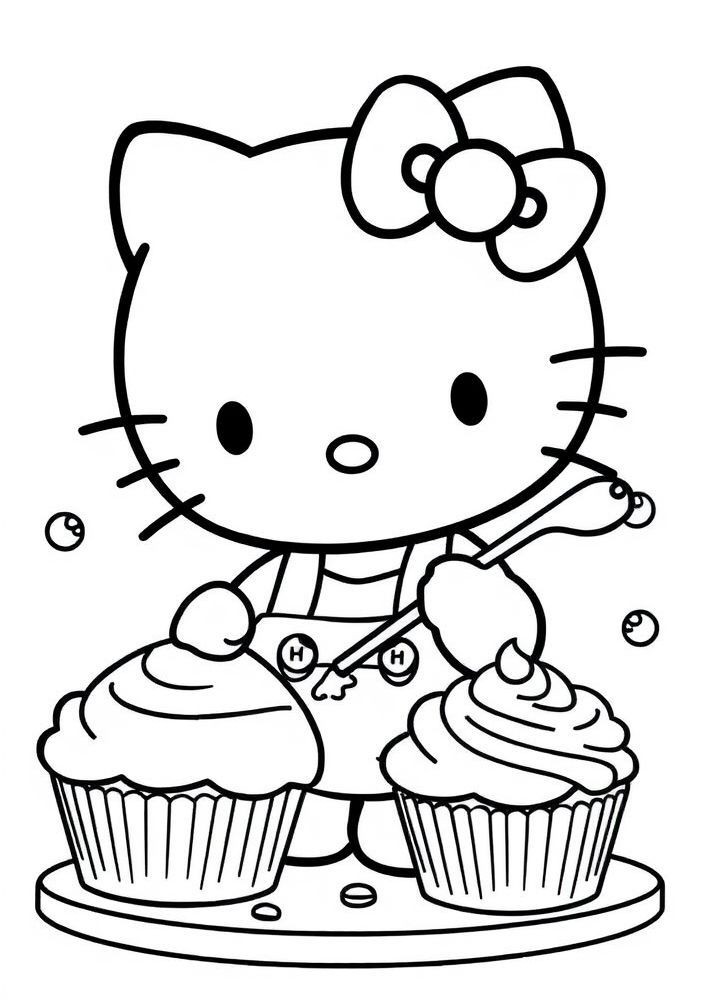Hello Kitty fazendo cupcakes para colorir