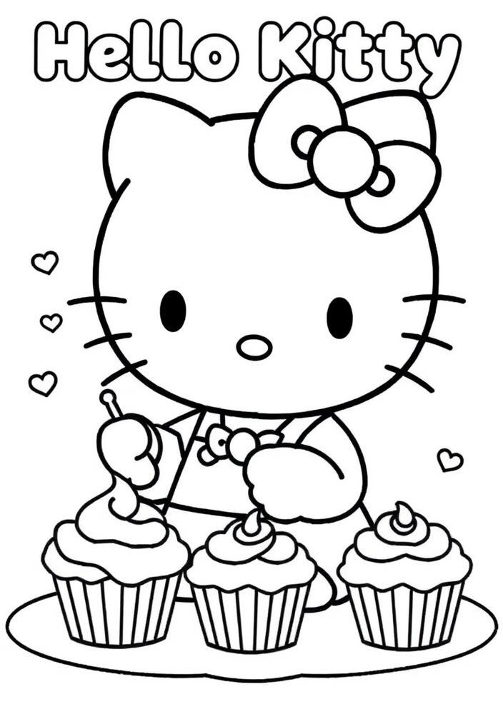 Hello Kitty fazendo cupcakes para colorir