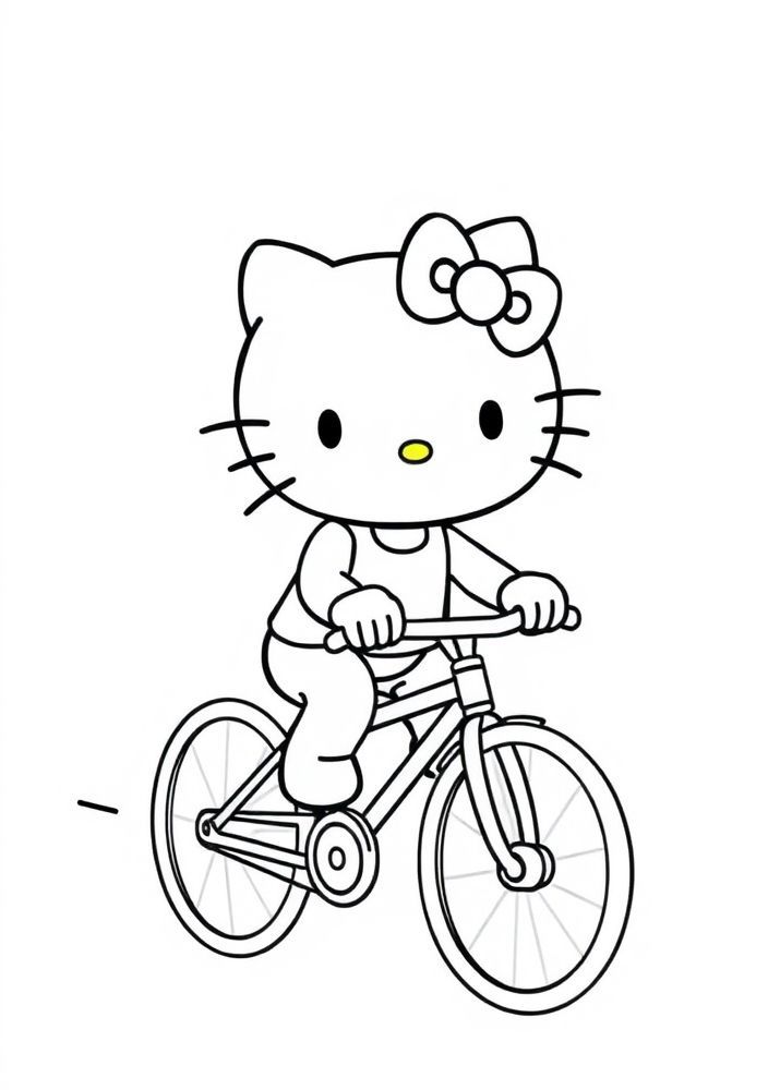 Hello Kitty fazendo um passeio de bicicleta para colorir