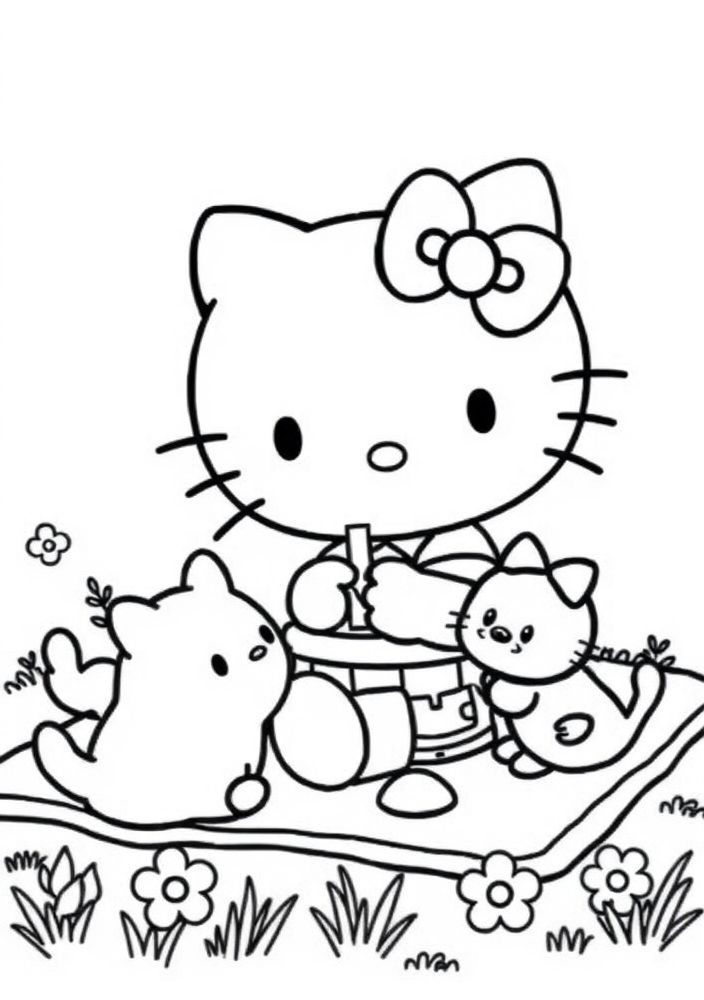 Hello Kitty fazendo um piquenique para colorir