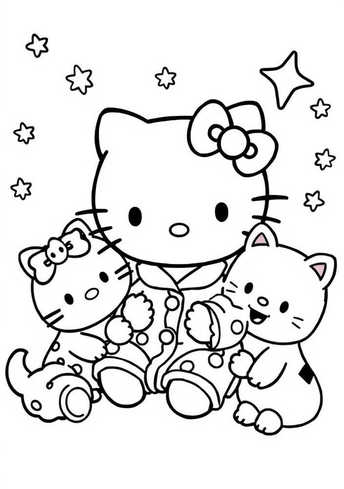 Hello Kitty fazendo uma festa do pijama com amigos para colorir
