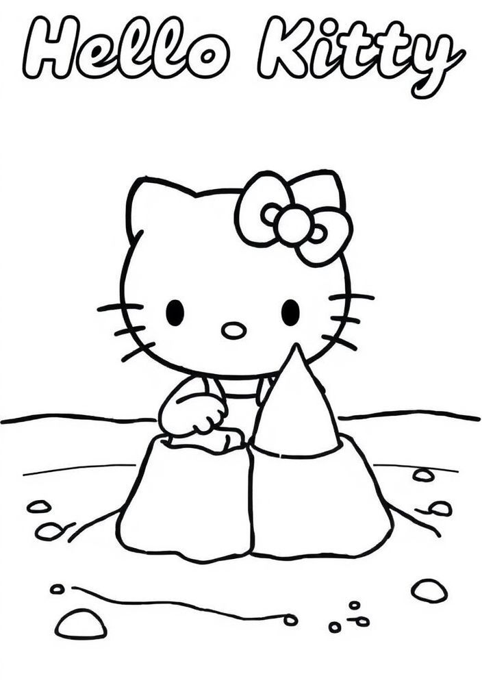 Hello Kitty na praia construindo um castelo de areia para colorir