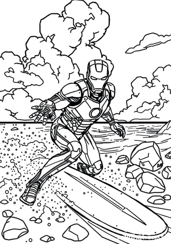 Homem de Ferro surfando na praia para colorir