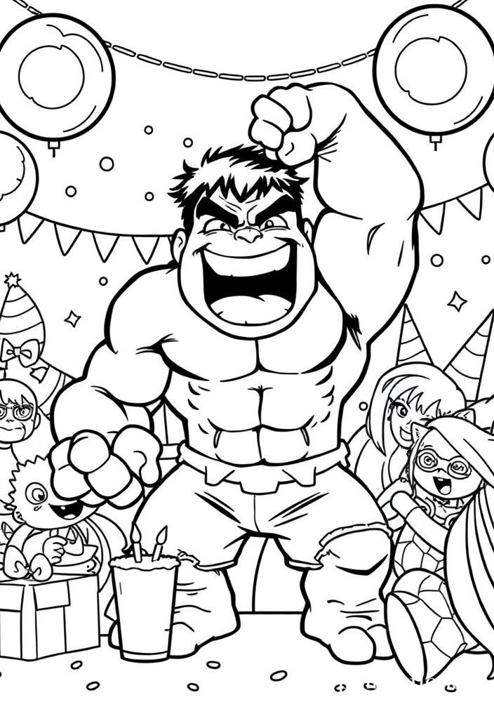 Hulk e seus amigos em uma festa de super-heróis para colorir