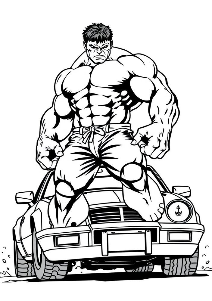 Hulk em pé em cima de um carro para colorir