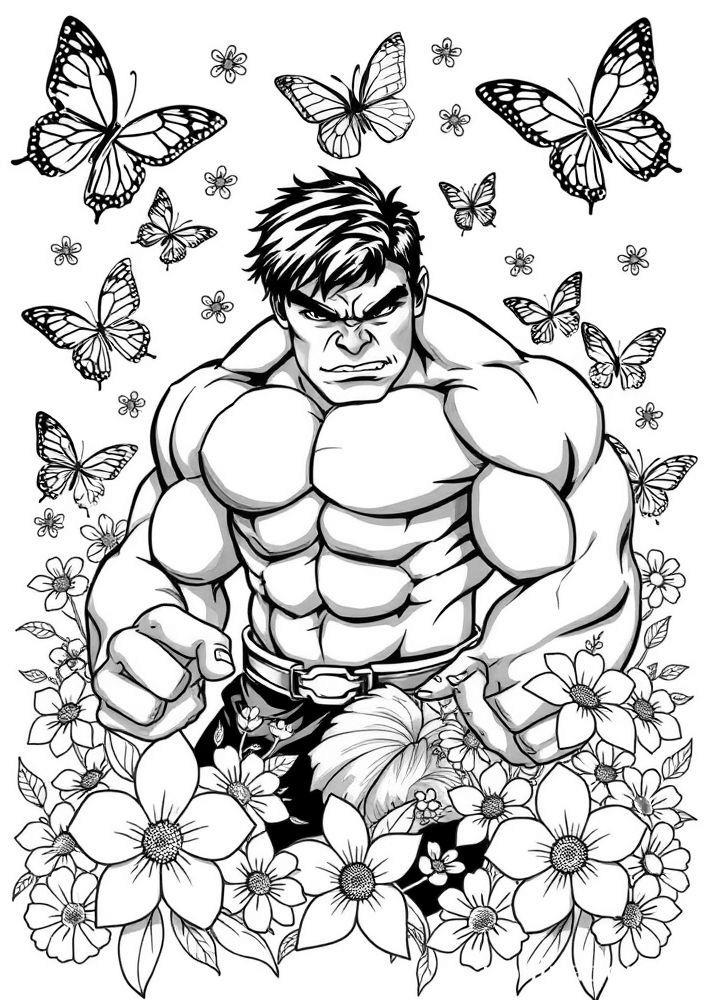 Hulk em um campo de flores para colorir